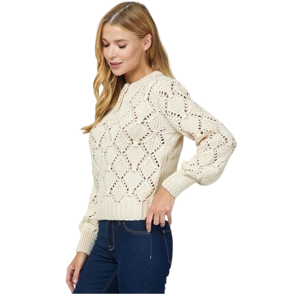 Cream Pointelle Knit Sweater Pullover Balloon Sleeve Button Detail size S, M, L - Picture 5 of 7